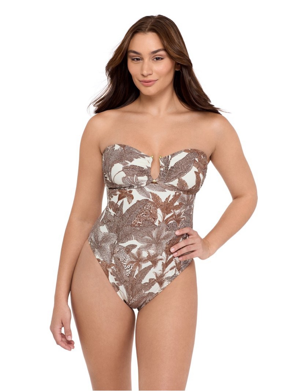 Sofia Vergara One Piece Swimsuit Large Bandeau Brown Leopard Animal Print Palm